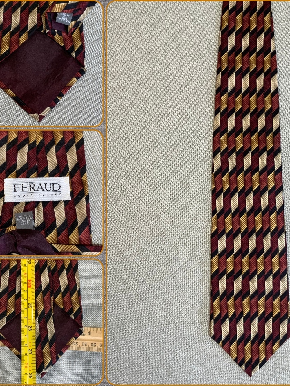 Feraud Silk Geometric Tie Burgundy Gold Made USA